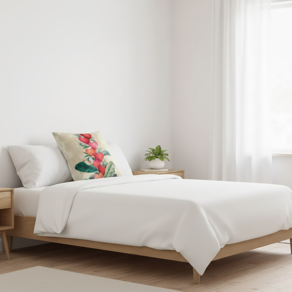 Tropical hearts pillow white bedroom