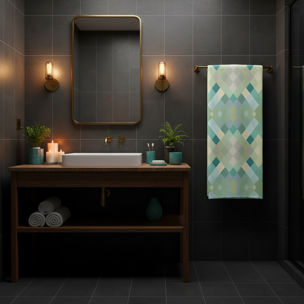 Turquoise cream geometric beach towel in beautiful dark luxury bathroom charcoal grey tiles gold fixtures candles plants cozy inviting atmosphere