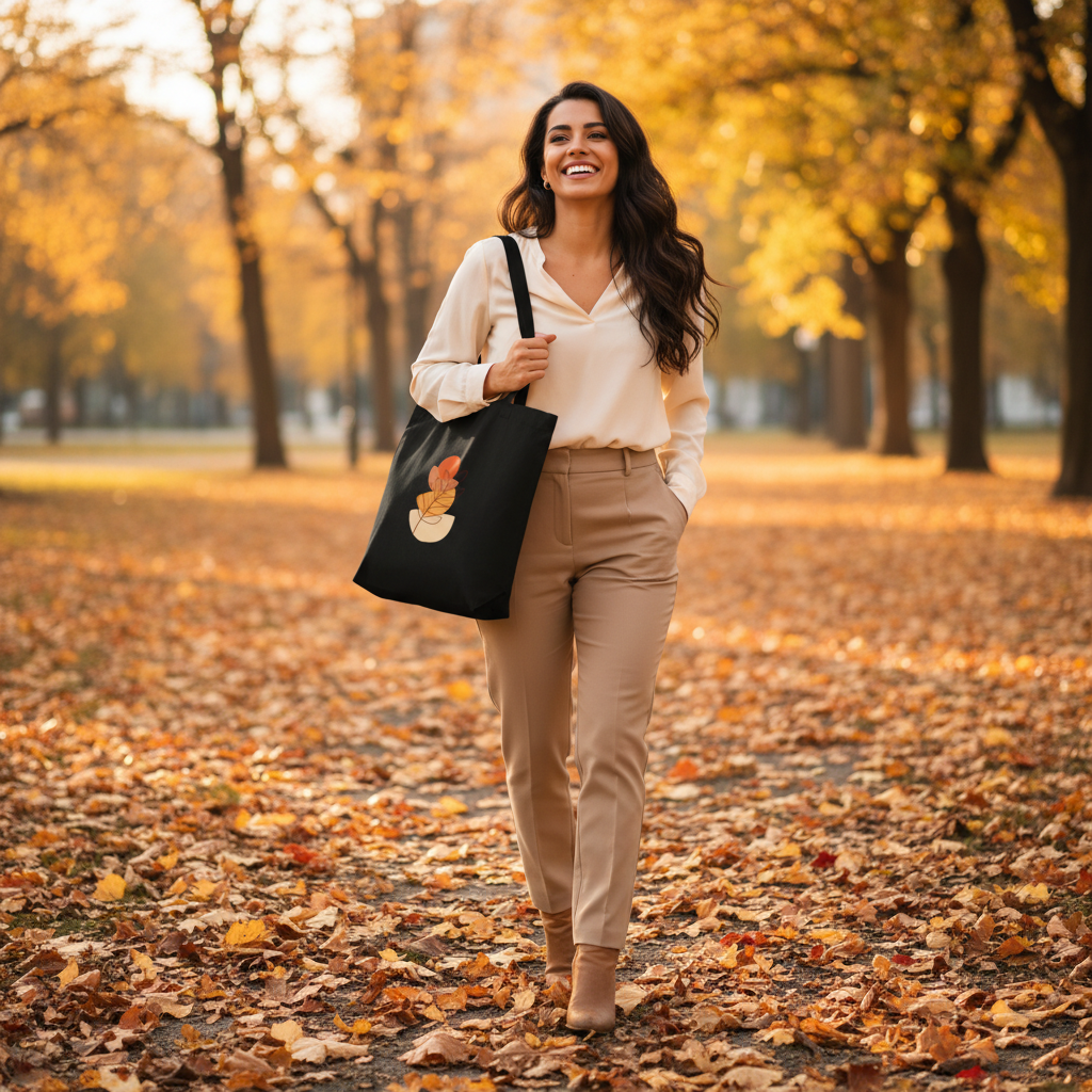 Vibrant happy dark hair woman cream blouse beige trousers tan boots black autumn tote bag city park fall leaves joyful
