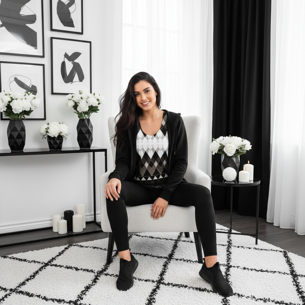 Vibrant young woman in geometric tank top with black sports hoodie at home