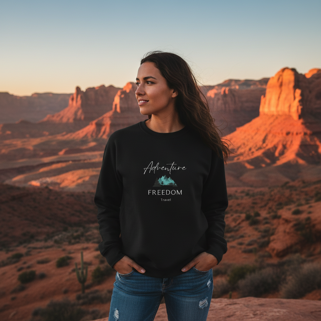 Woman in vintage black Freedom Travel sweatshirt exploring desert landscape - Adventure lifestyle apparel