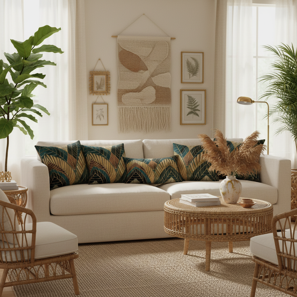 Warm bohemian living room with layered art deco pillows and plants
