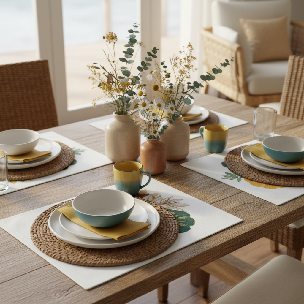 Warm coastal breakfast table with floral placemats
