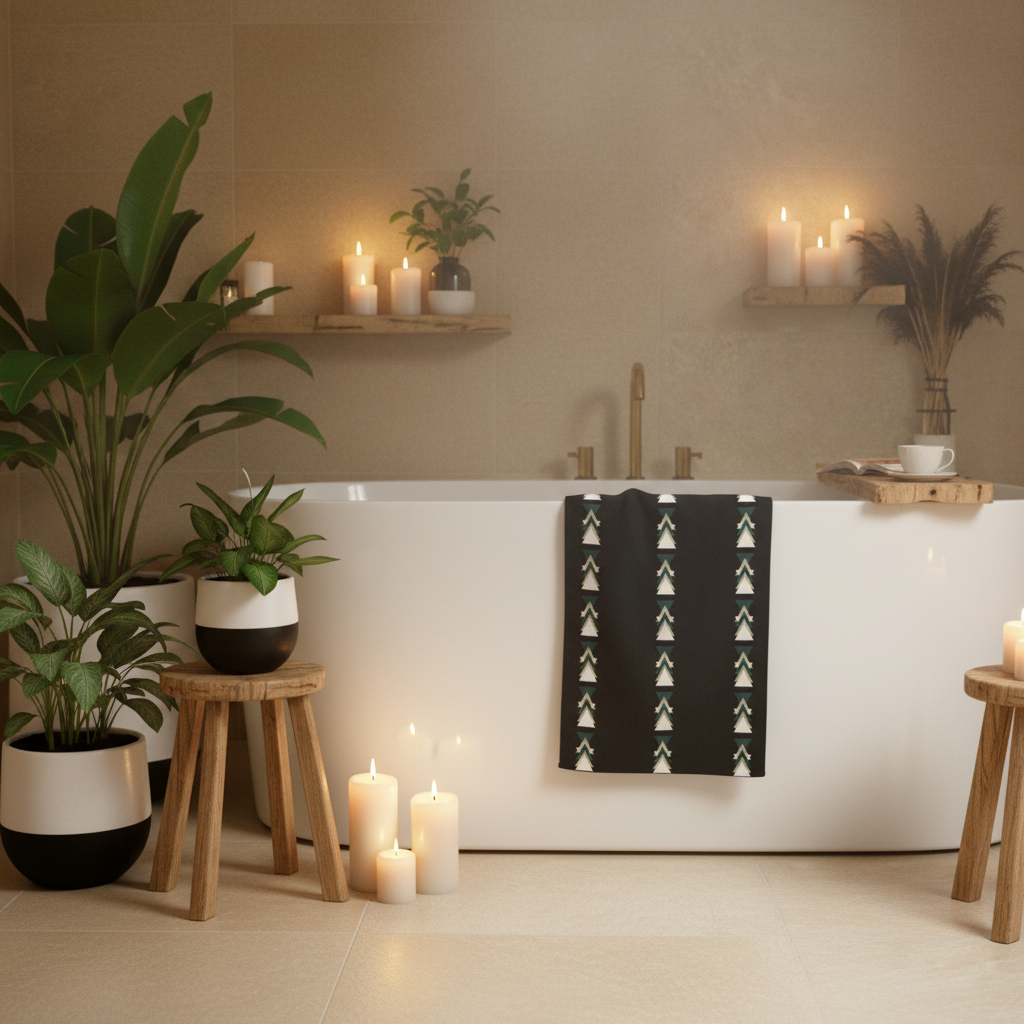 Warm cozy bathroom with geometric triangle towel and green plants