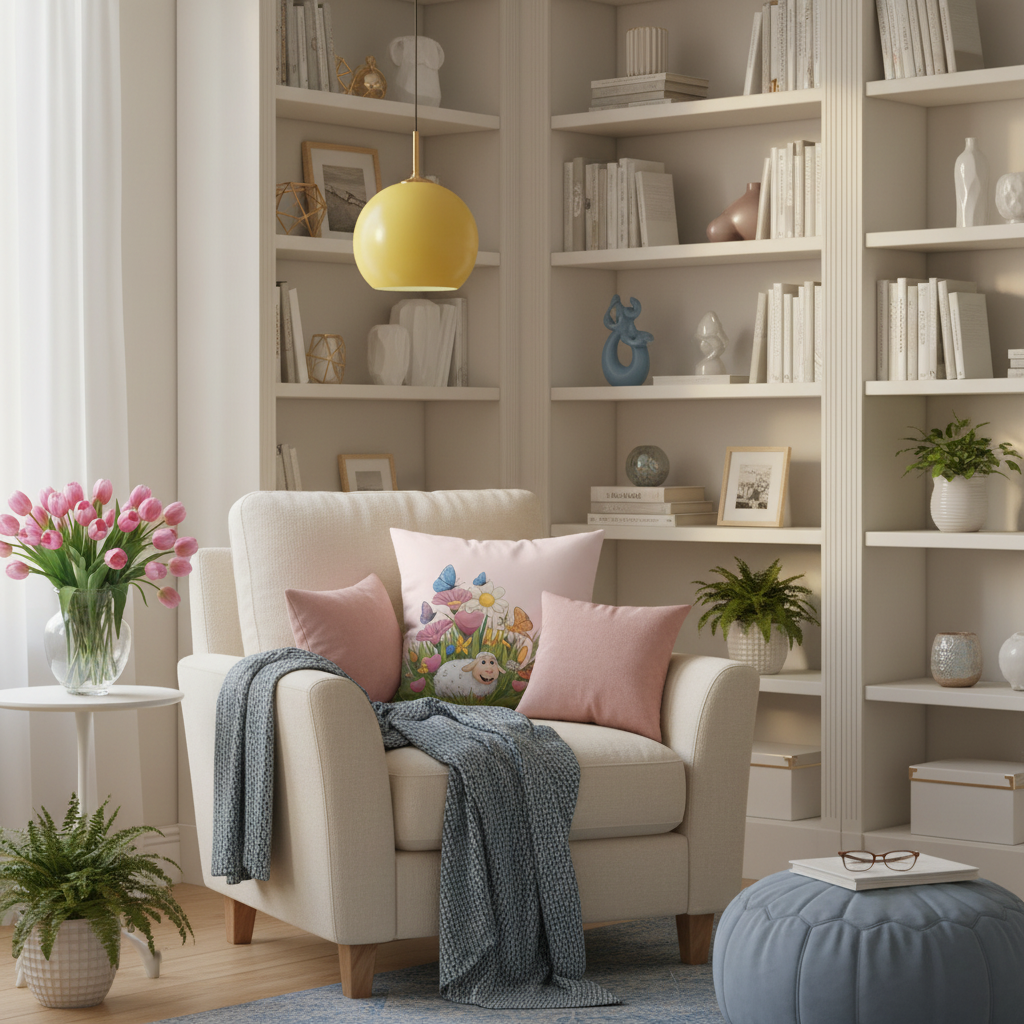 Warm cozy living room with square cute sheep spring pillow on cream armchair with pink cushions, yellow lamp and spring decor