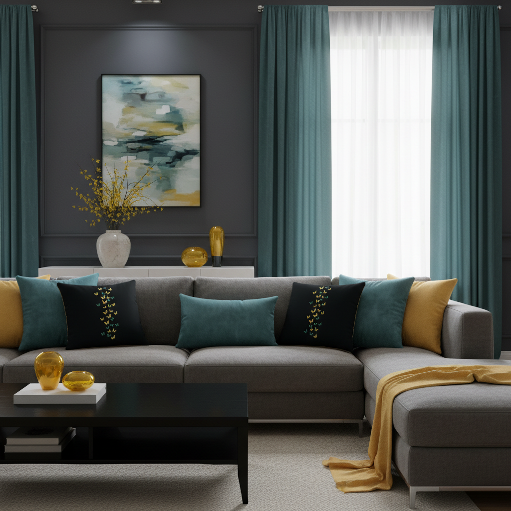 Warm dark coastal living room with slate gray walls, butterfly print pillows and teal velvet curtains
