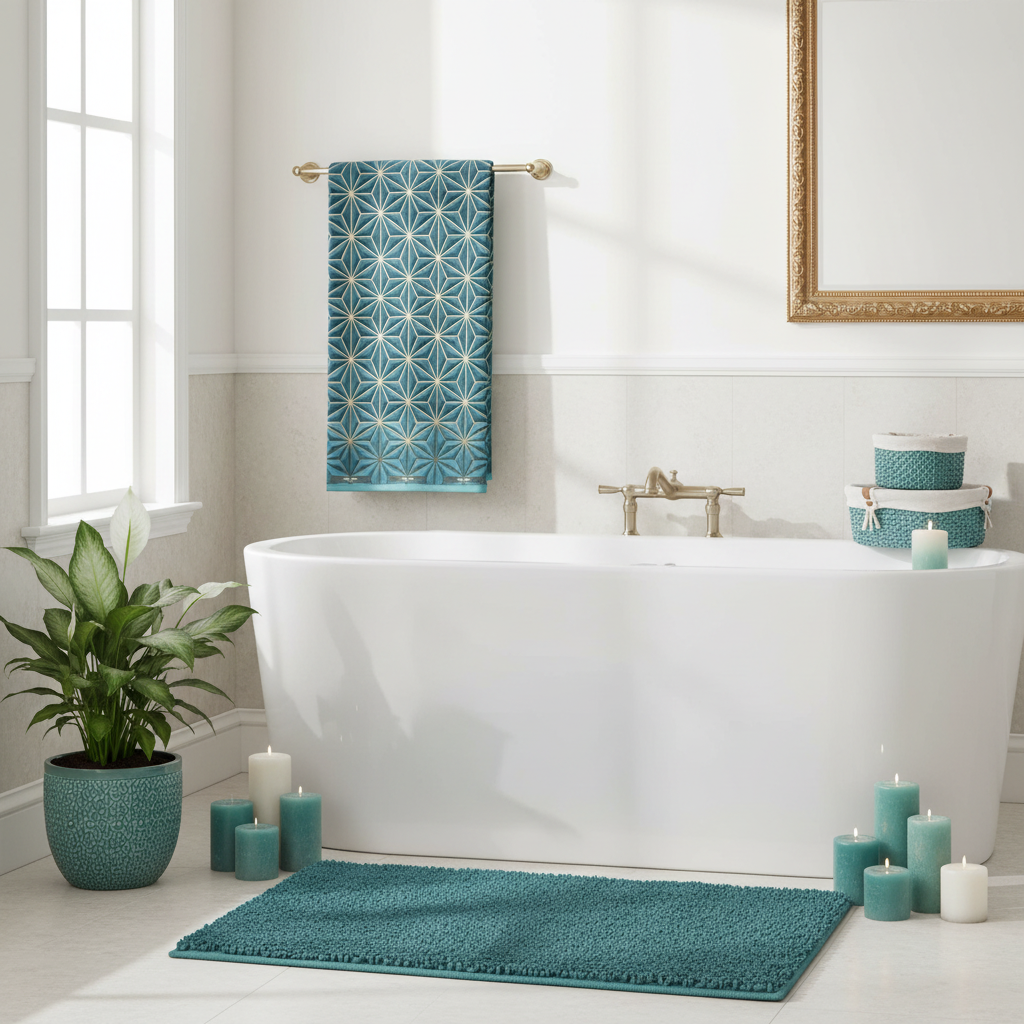 Warm elegant bathroom with full-size towel, modern tub, abundant candles and plants