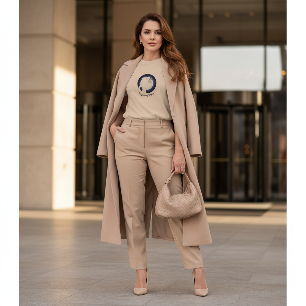 Wealthy woman sand beige journey begins t-shirt MaxMara coat tailored trousers designer heels Bottega Veneta luxury hotel