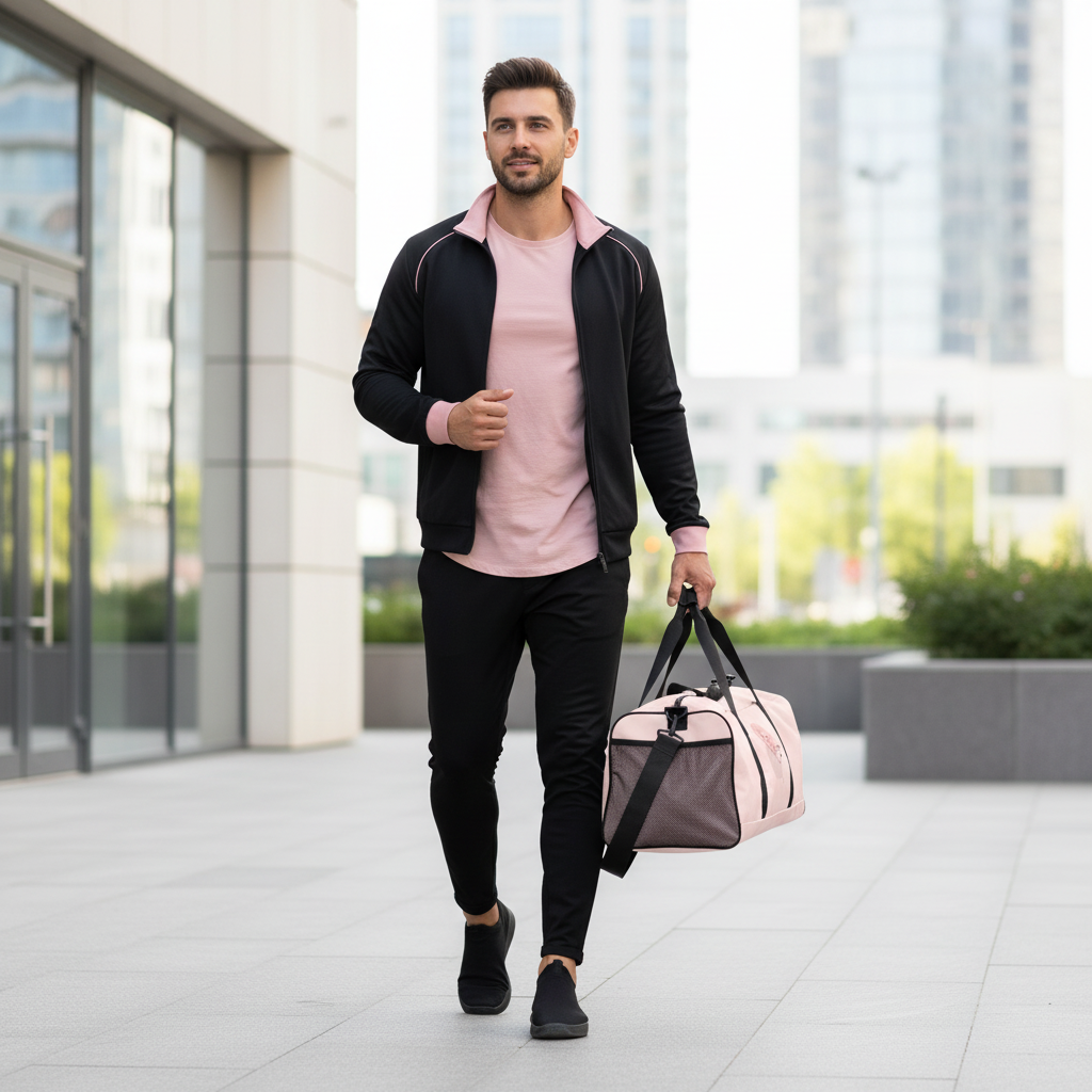 Well-dressed man in pink crew neck and black joggers with botanical pattern duffle bag