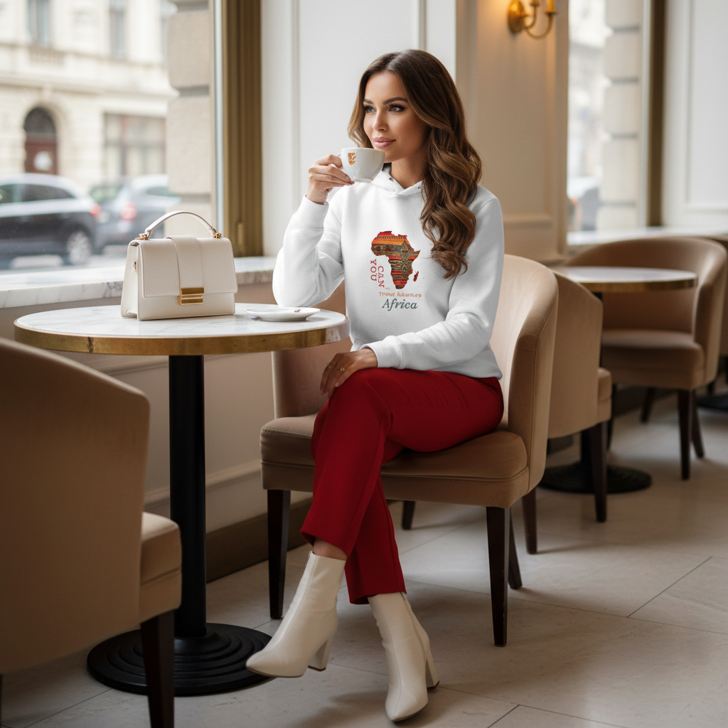 White Africa hoodie red pants white boots bag cafe luxury