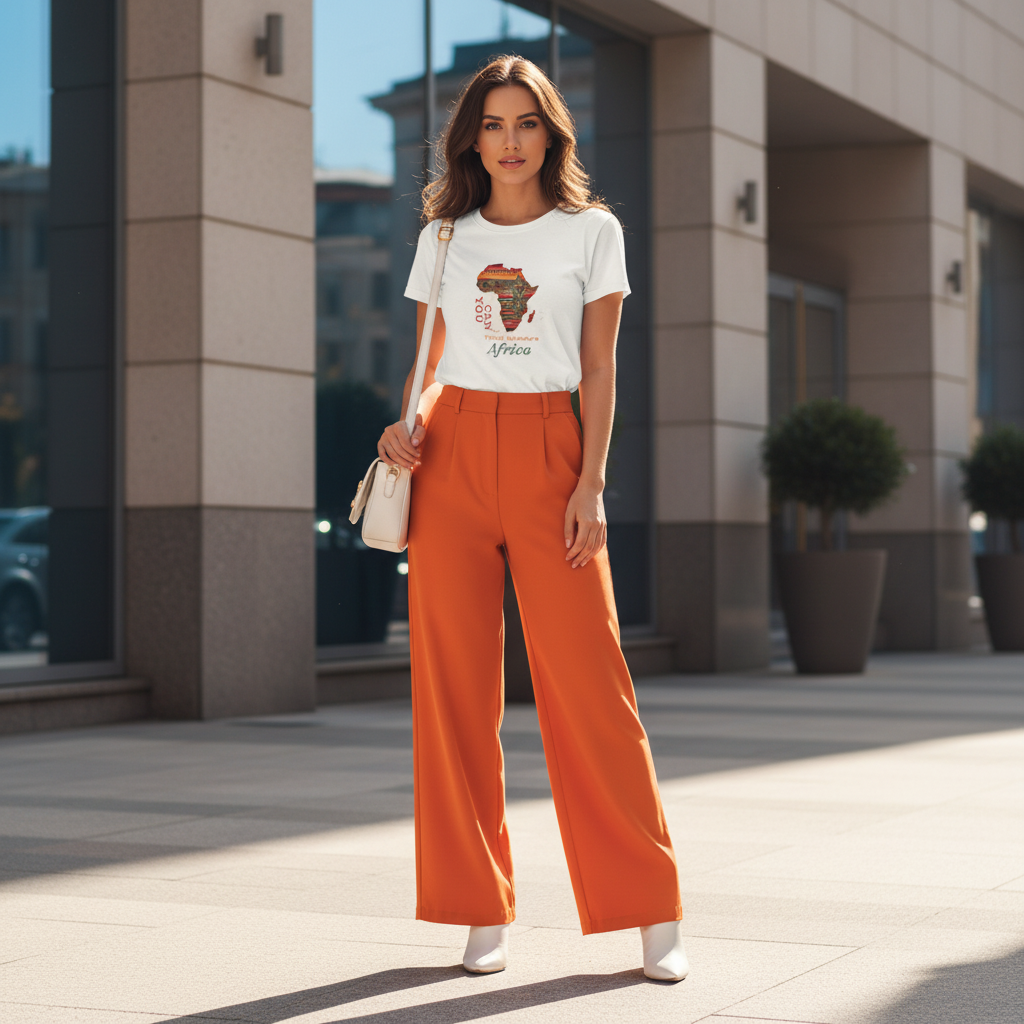 White Africa t-shirt orange trousers white boots vibrant