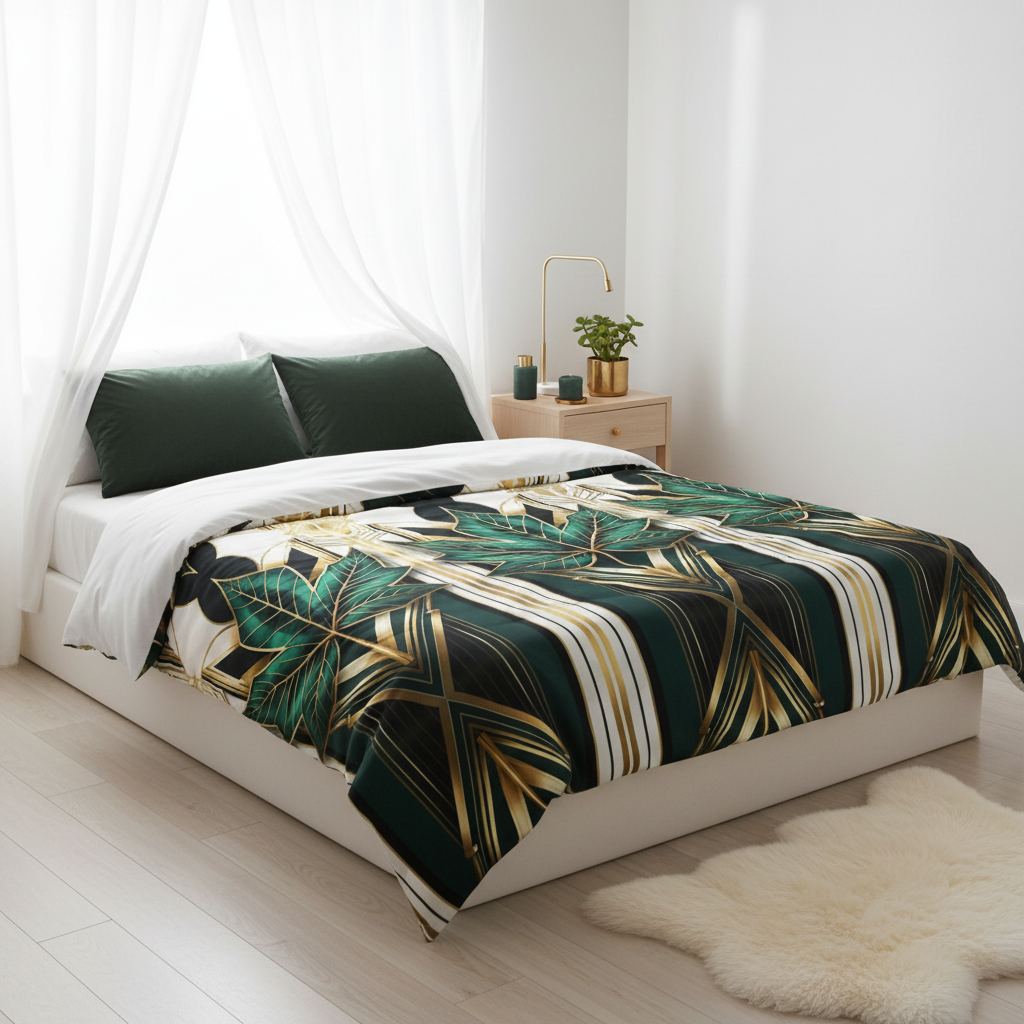 White bedroom with art deco bedding and plants