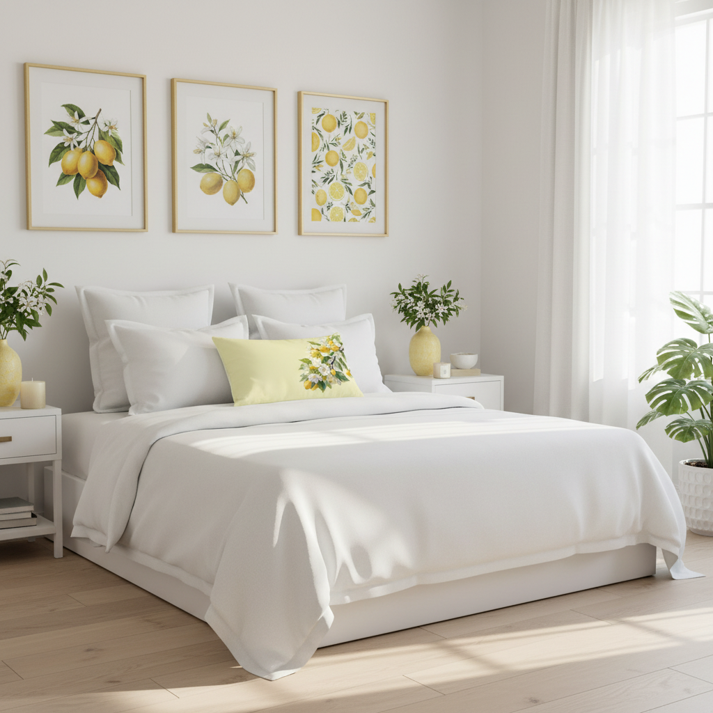 White bedroom with lemon blossom pillow, botanical artwork and yellow decorative vases