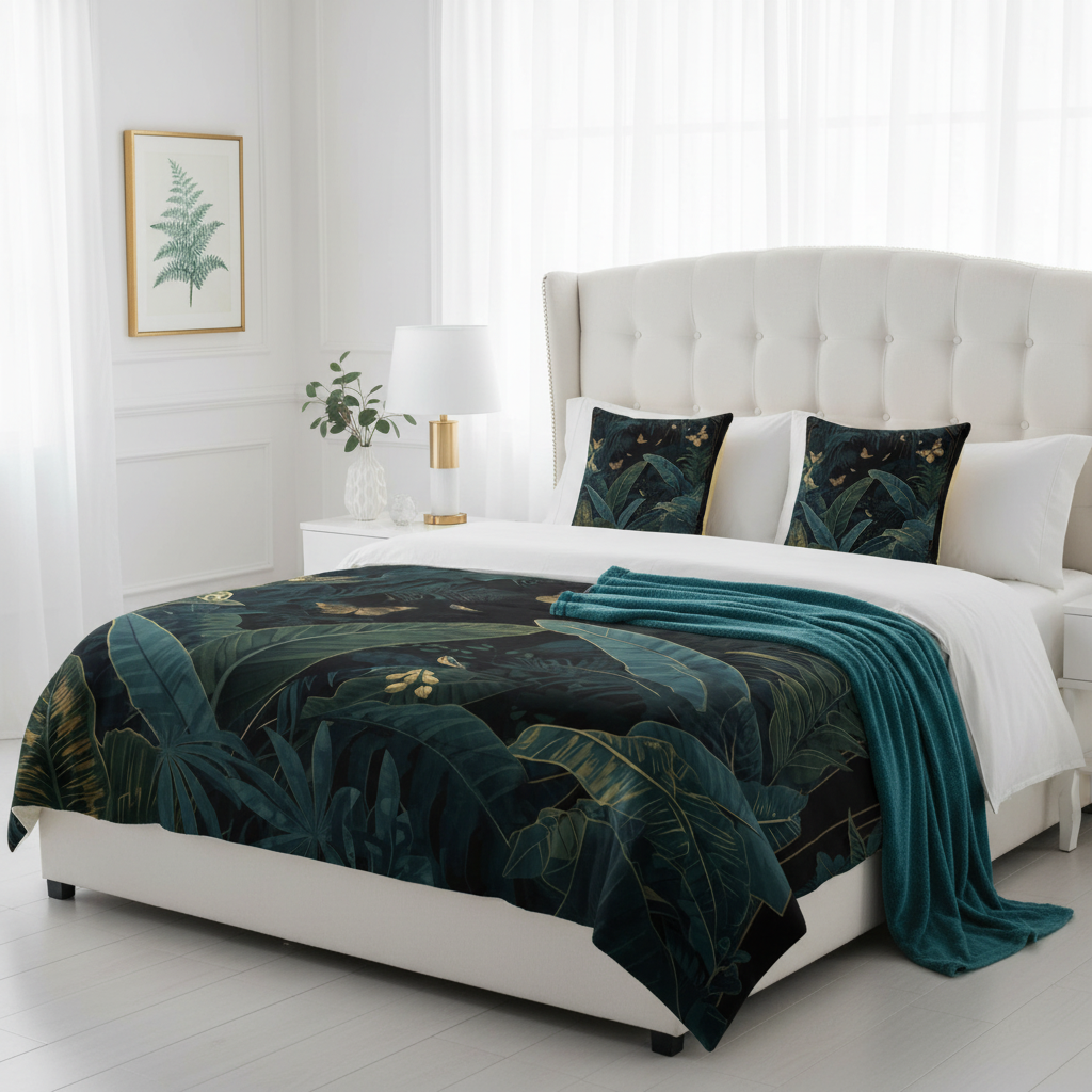 White bedroom with midnight botanical comforter and pillows