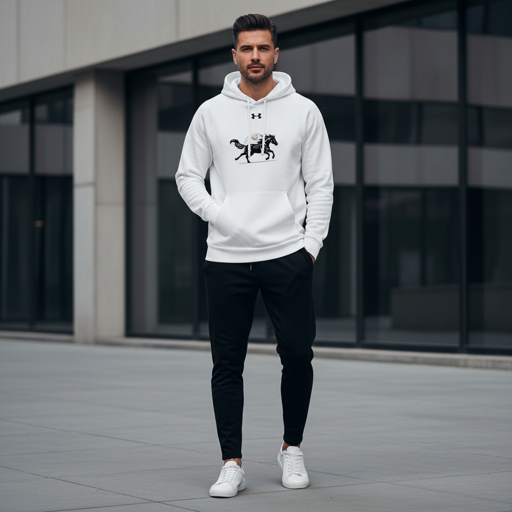 Stylish man in white Under Armour hoodie featuring unique horse design - Luxury branded athletic wear for adventurers