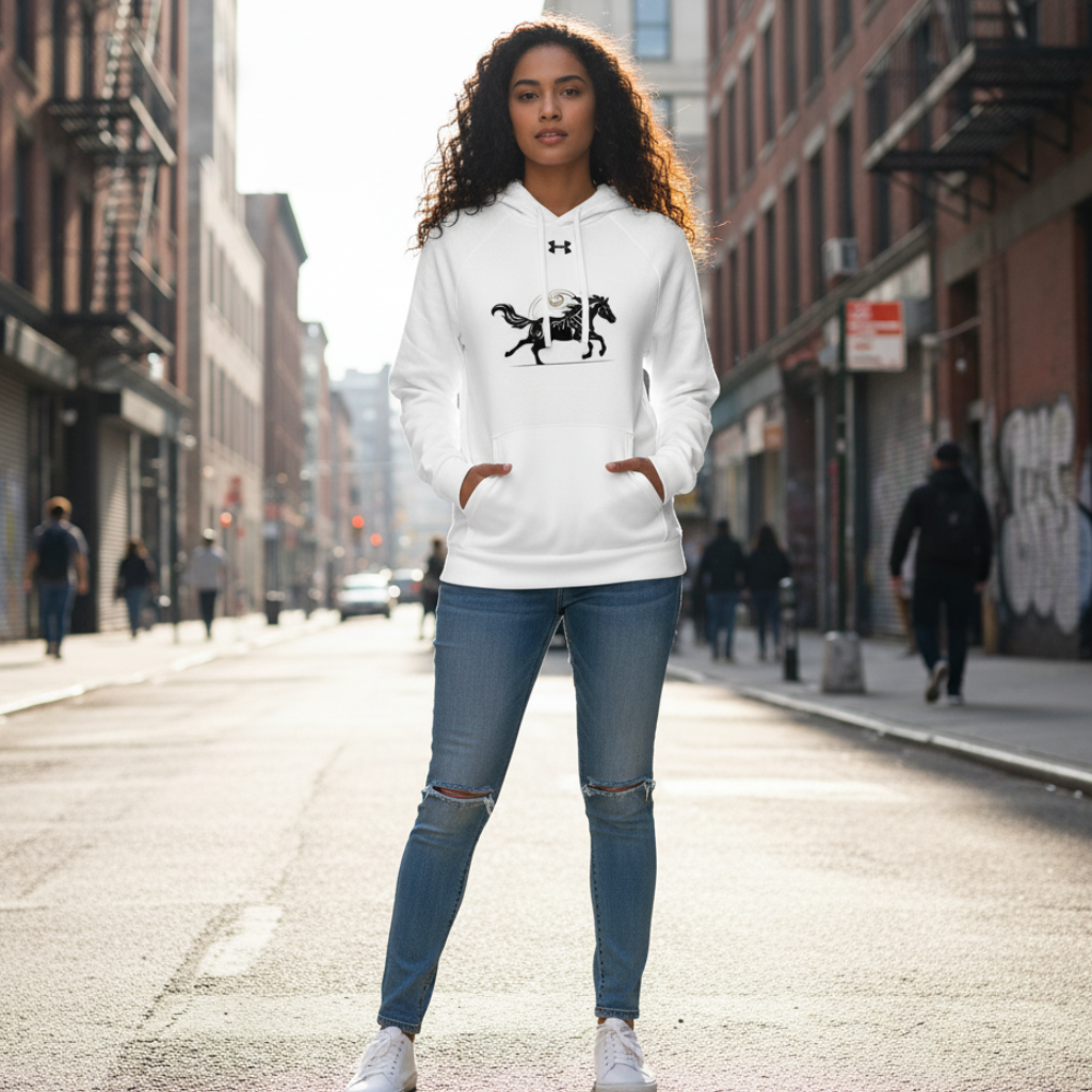 Woman wearing grey Under Armour hoodie with original Wild Horse design - Premium branded sportswear with running horse motif