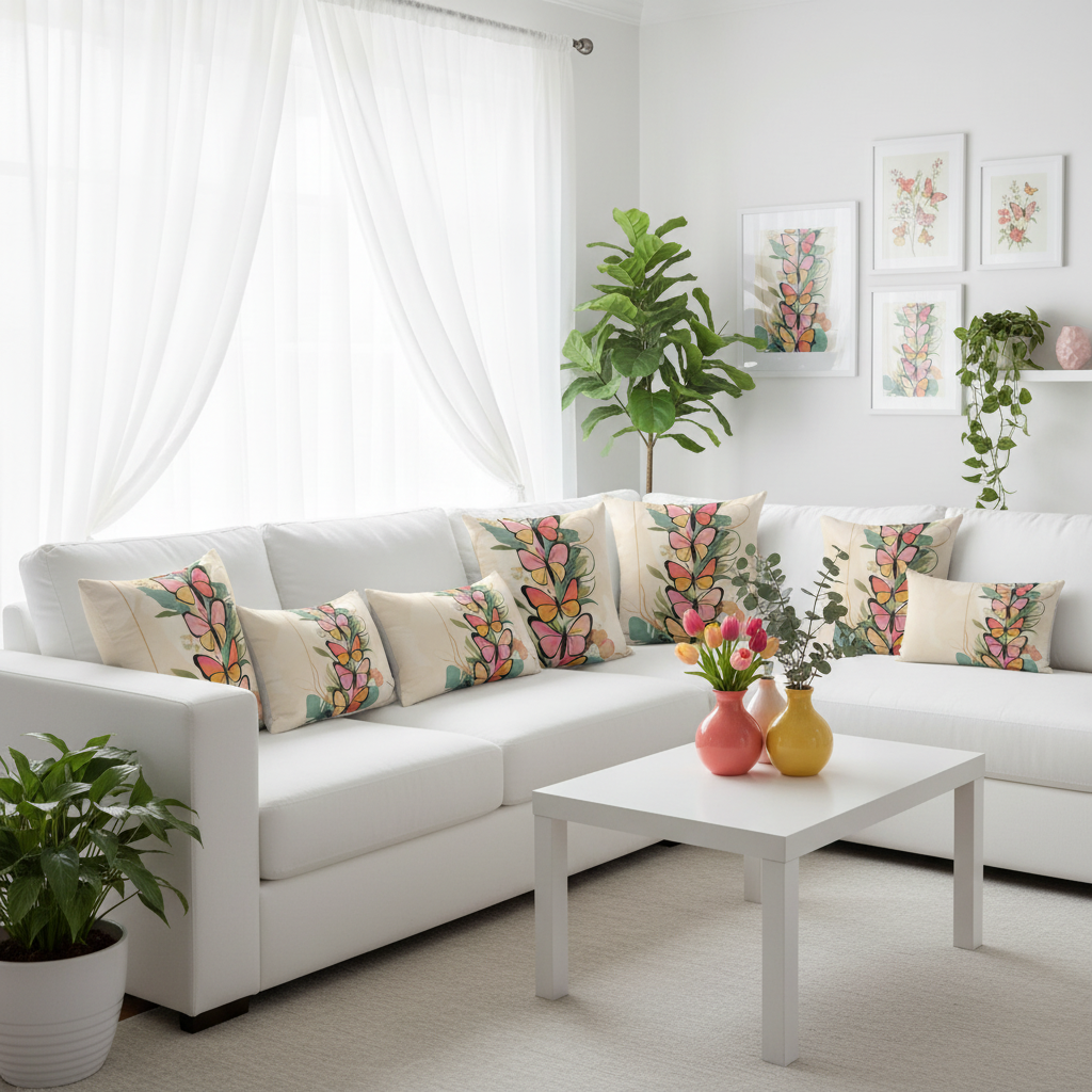 White living room with multiple butterfly pillows in pink coral and yellow with spring decor