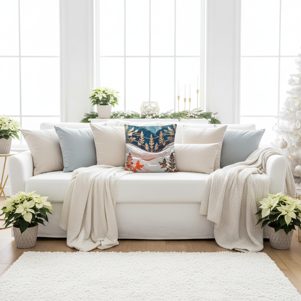 White Living Room with Multiple Pillows - Mountain Landscape Side