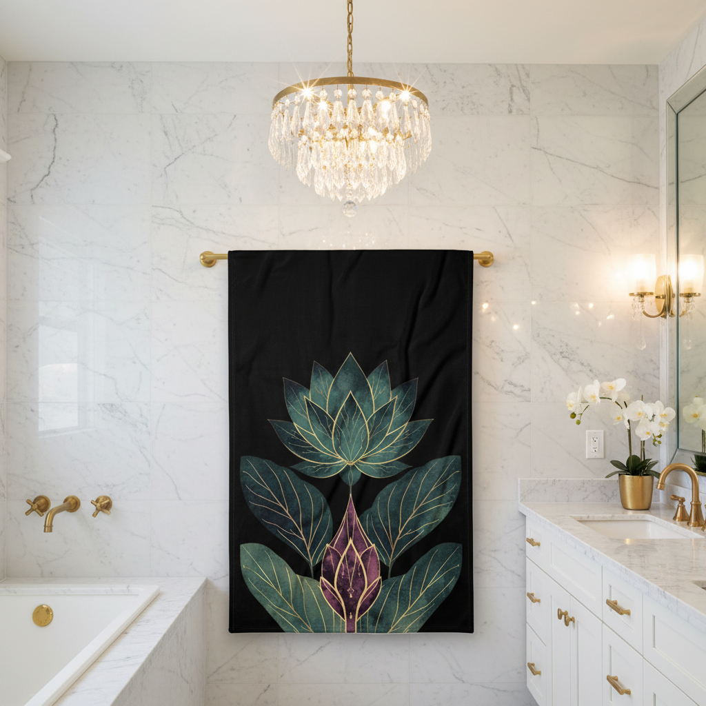 White marble bathroom with large lotus beach towel on wide gold rack