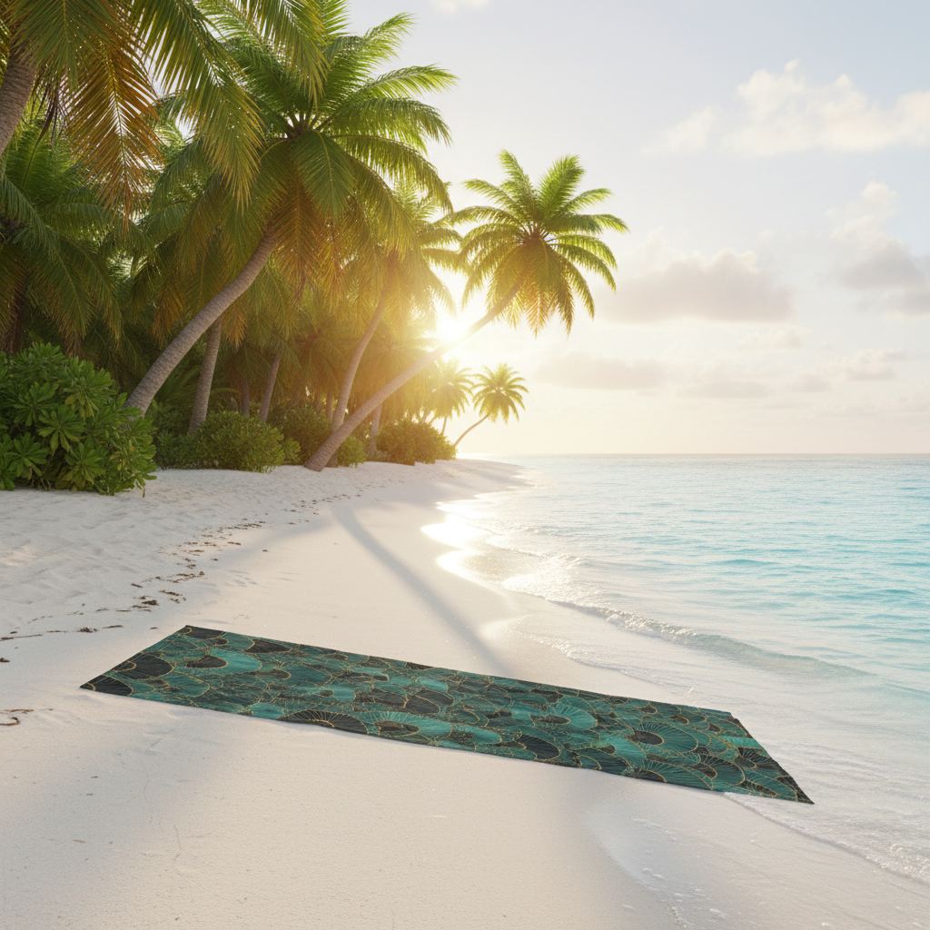 White sand beach with emerald towel