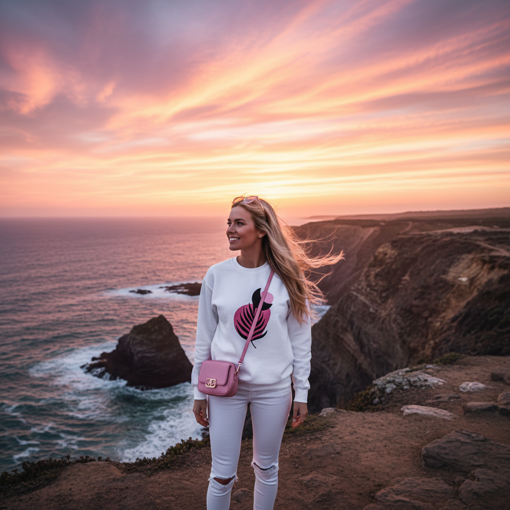 White sweatshirt coastal cliff sunset scene