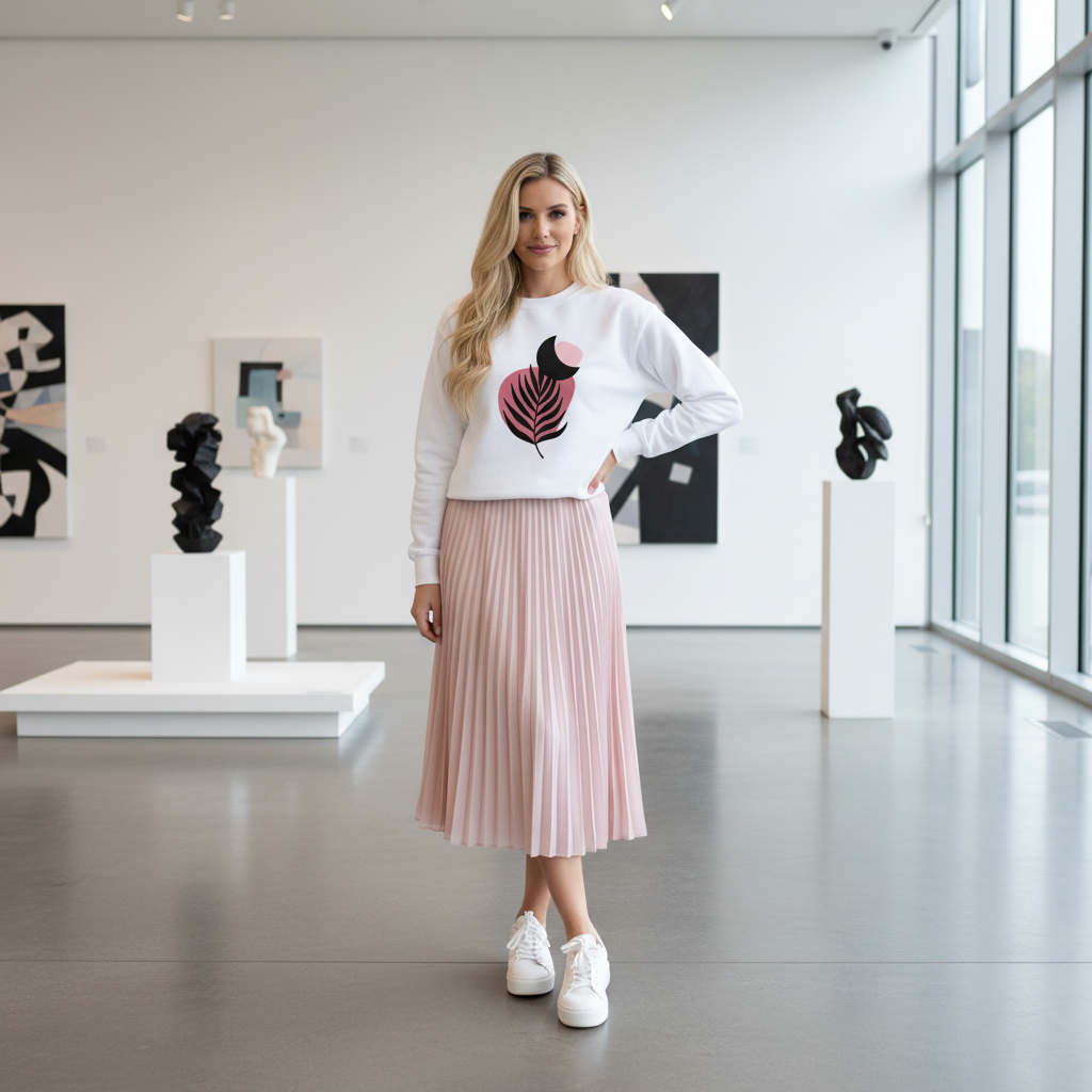 White sweatshirt in art gallery with pink pleated skirt