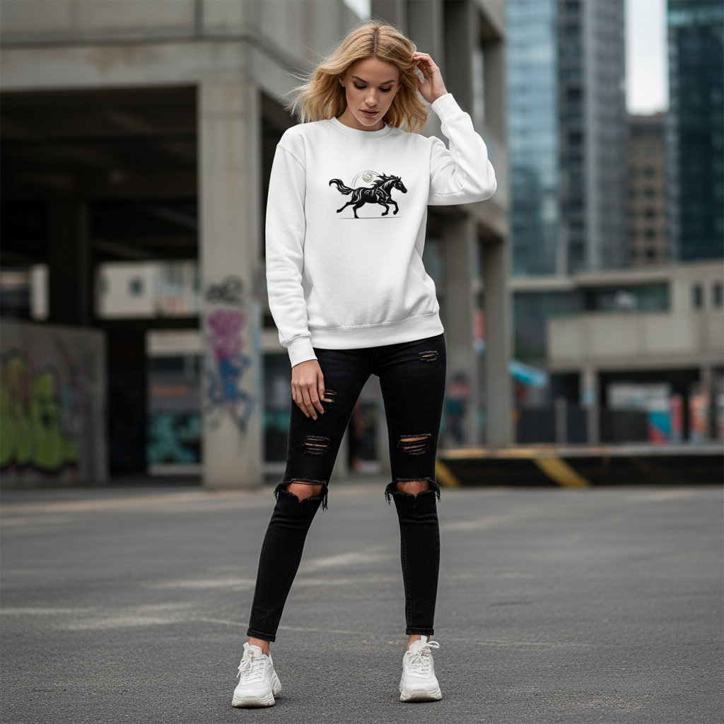 Woman wearing white premium sweatshirt with original Wild Horse design - Contemporary streetwear with black running horse motif