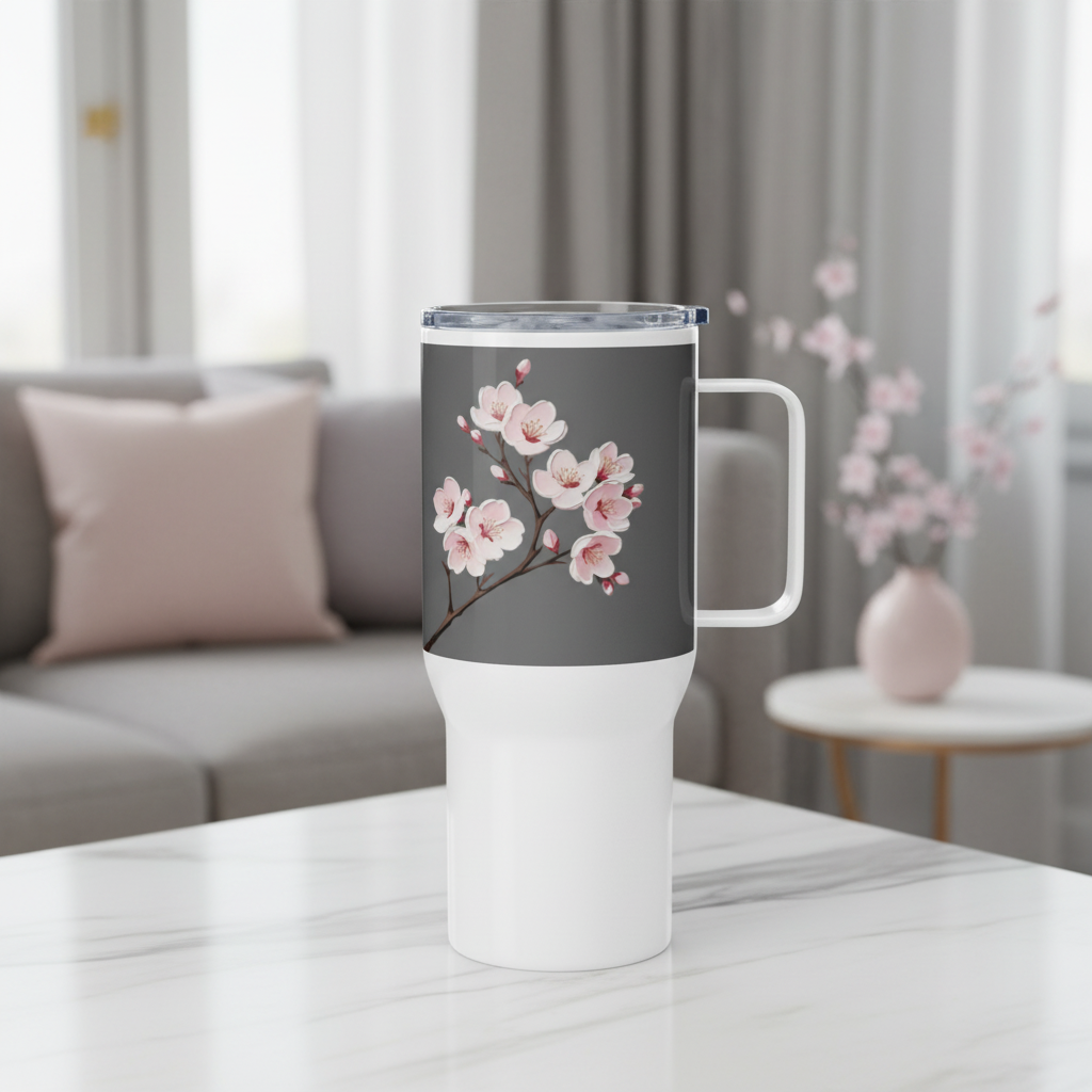 White travel mug with cherry blossom design close-up