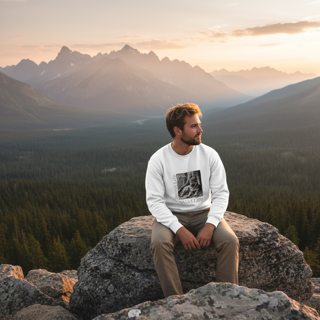 White wolf sweatshirt Canadian man forest valley sunset