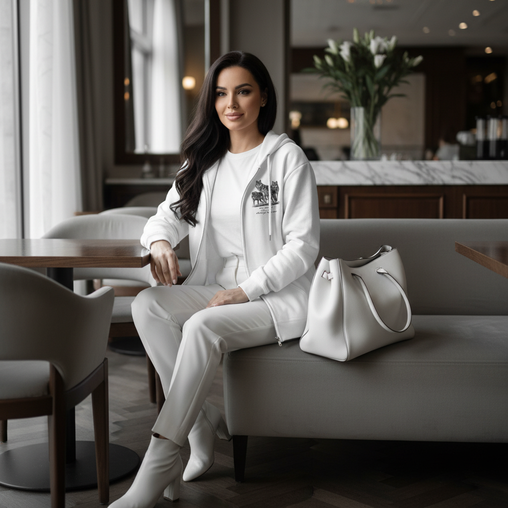 White wolf zip hoodie white t-shirt white pants white boots bag cafe luxury