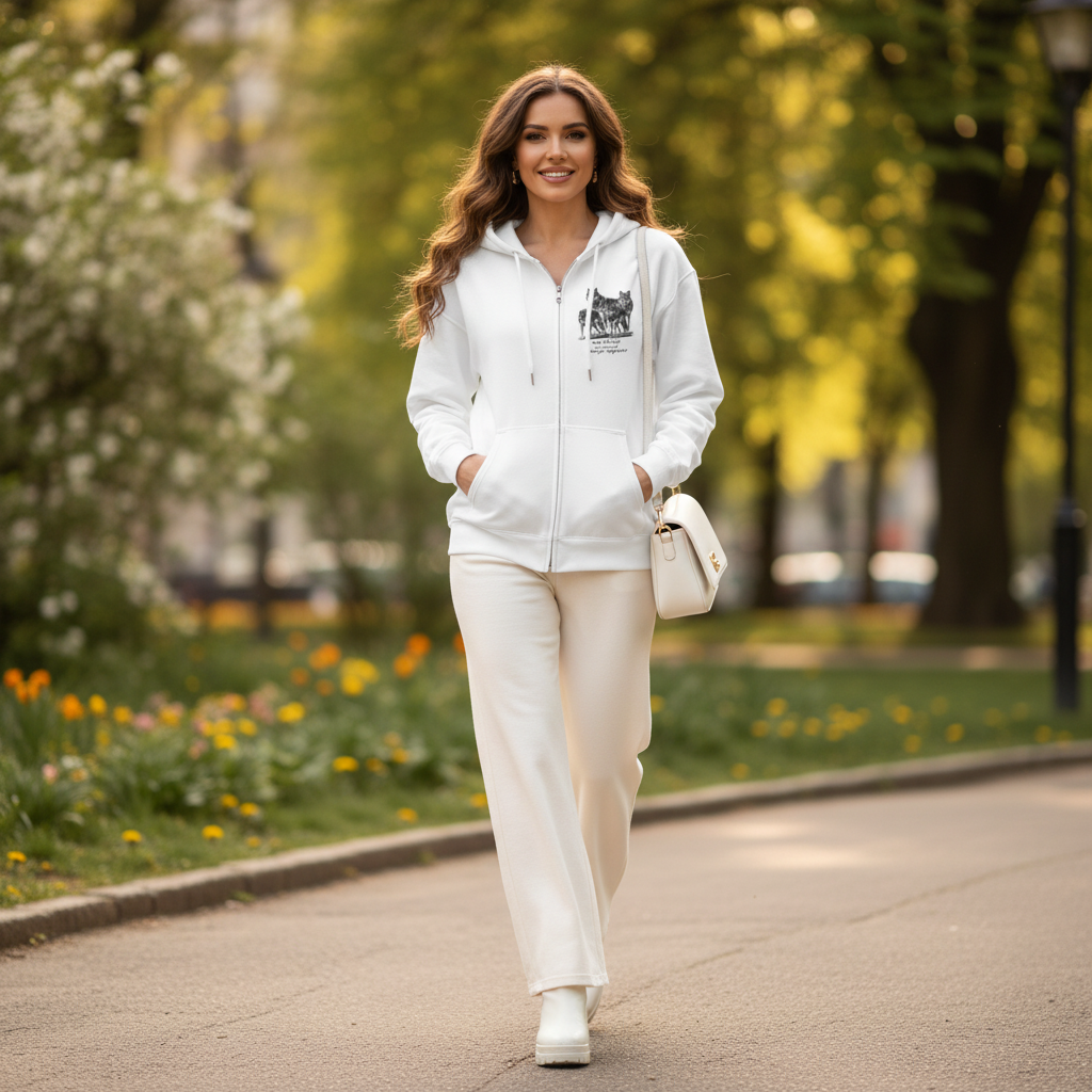 White wolf zip hoodie white wide-leg pants white boots bag park modern
