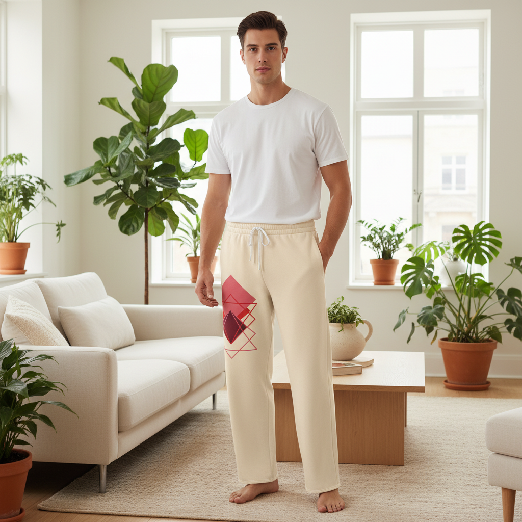 Wide-leg joggers with red pattern styled with white and beige in botanical interior