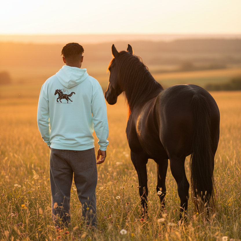 Wild Black Horse Hoodie - Man Back View with Horse