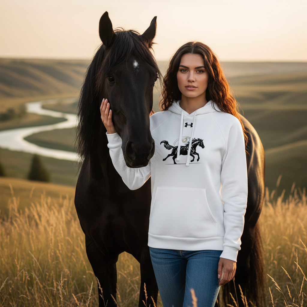 Woman in Wild Horse Black hoodie with black horse embodying untamed strength and freedom - Year of the Fire Horse 2026 spiritual collection celebrating passion and power