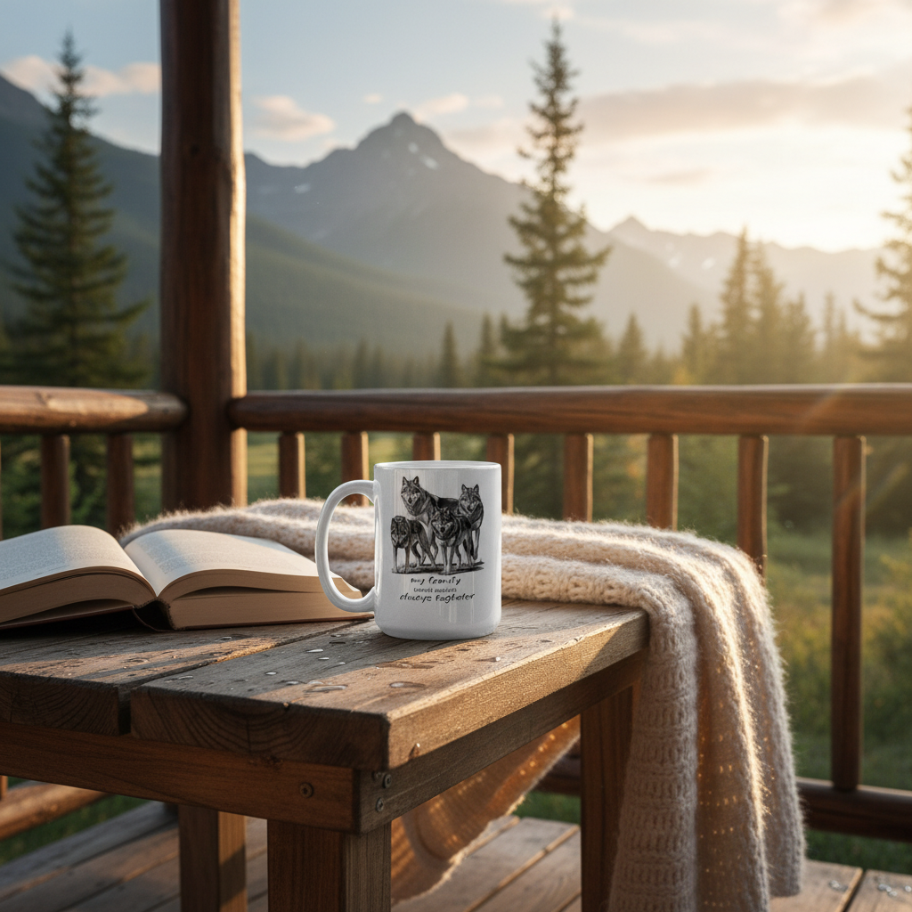 Wolf mug on rustic table cabin porch mountains blanket book