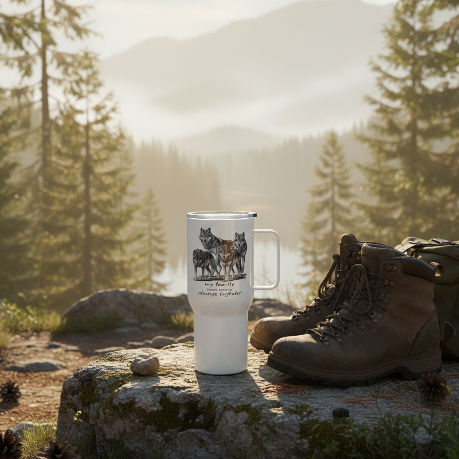 White insulated travel mug with wolf pack my family design in outdoor adventure setting - premium outdoor lifestyle drinkware
