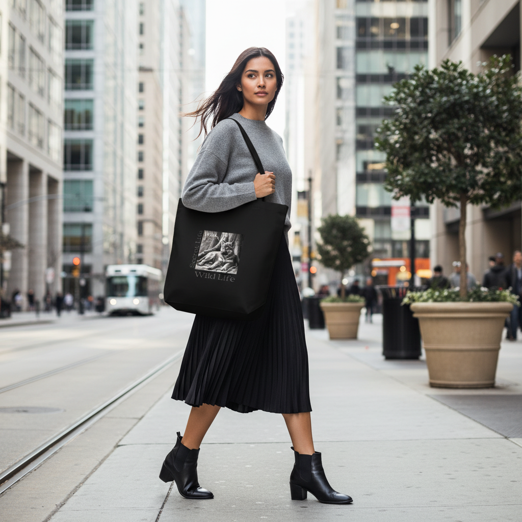Wolf tote bag black skirt grey sweater urban bohemian city