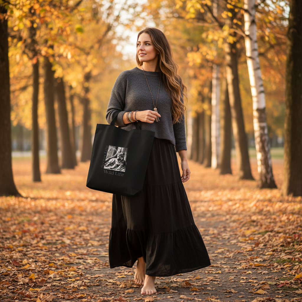 Wolf tote bag bohemian black maxi skirt grey sweater park