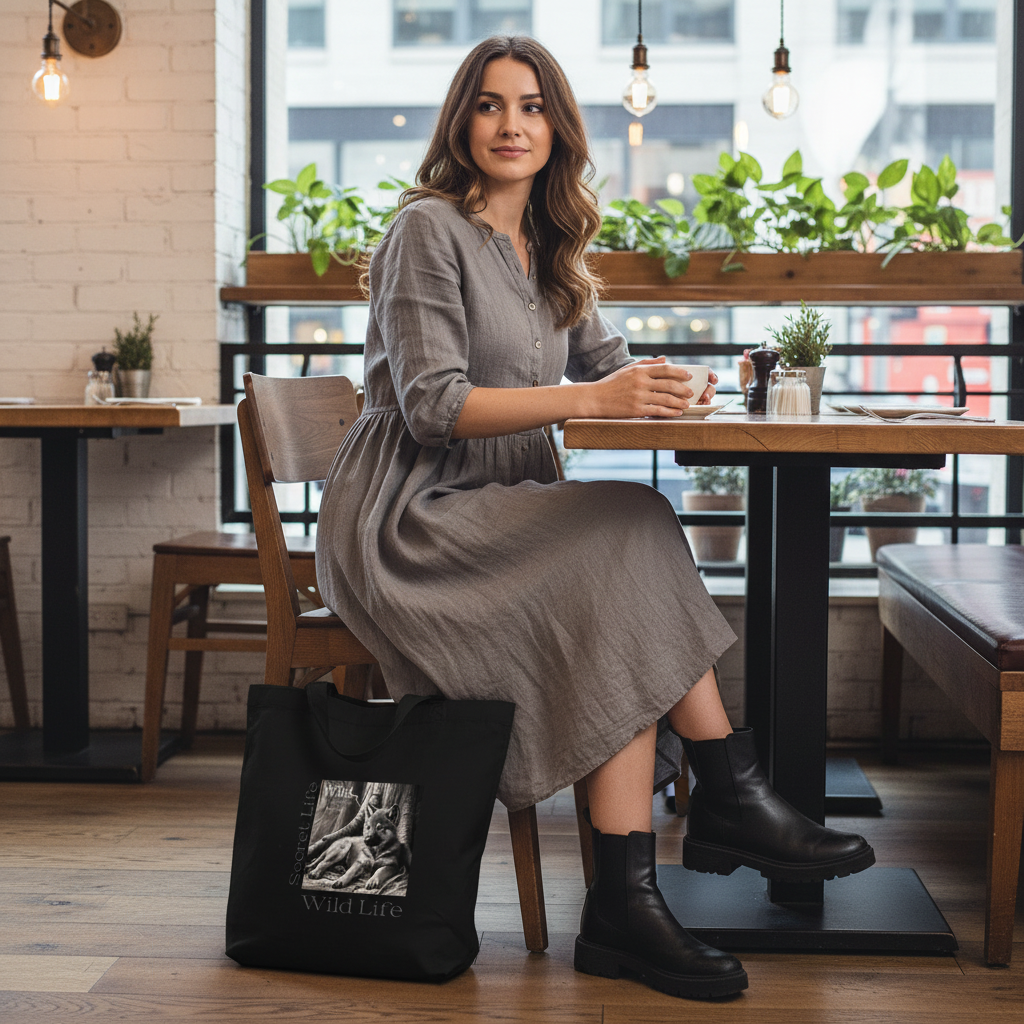 Wolf tote bag rustic linen dress restaurant farmhouse chic