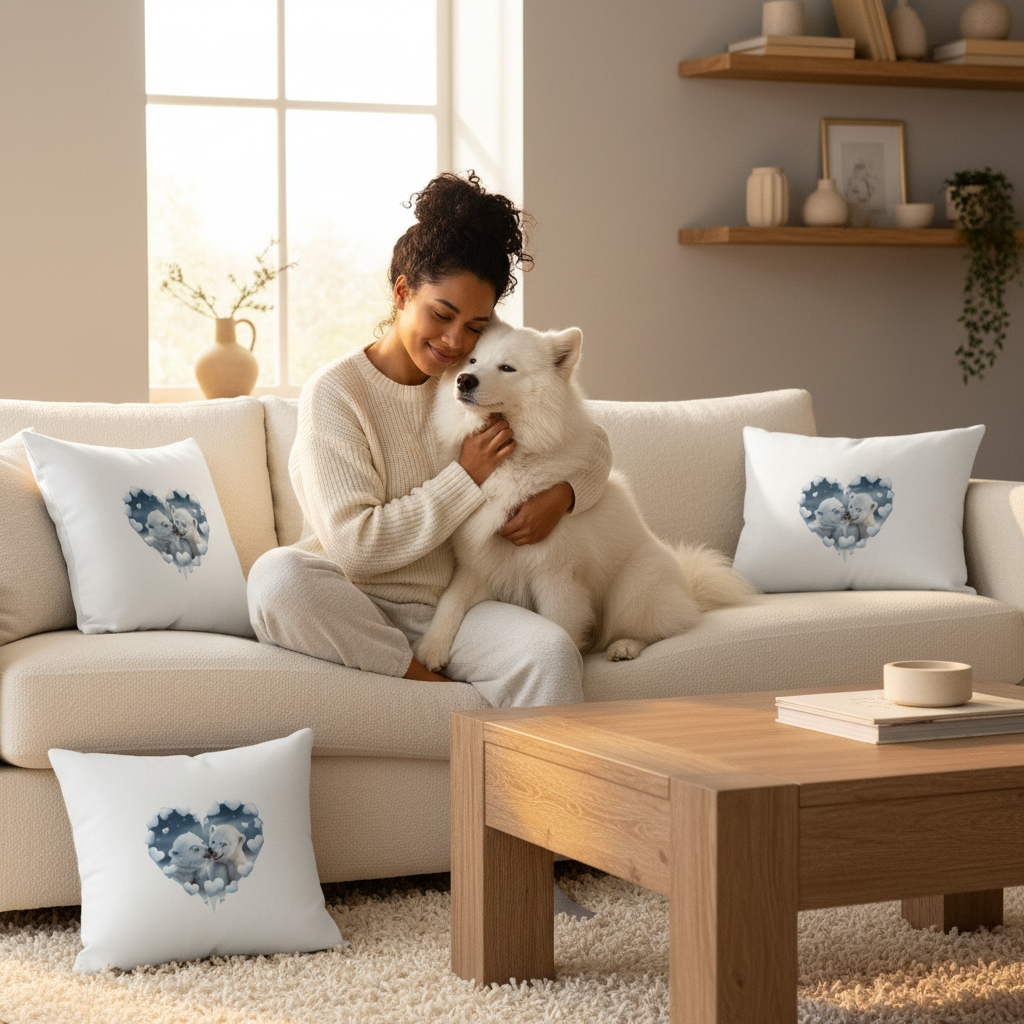 Woman and fluffy white dog looking content on cream sofa with polar bear heart pillows in simple cozy living room with natural decor