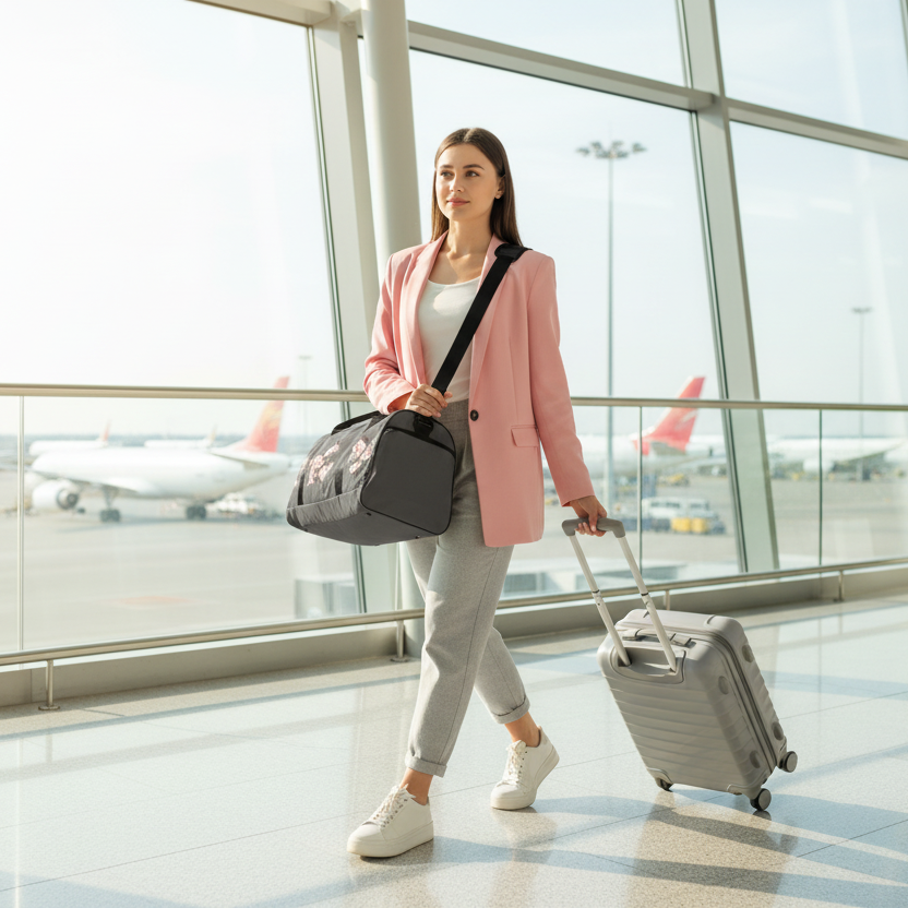 Woman at Airport with Cherry Blossom Bag