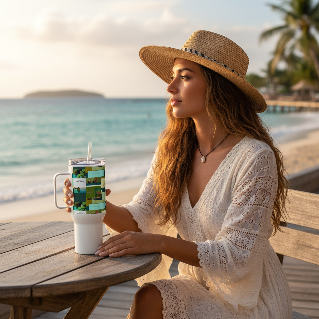 Woman enjoying coffee at beachside café with tropical jungle travel mug - vacation lifestyle