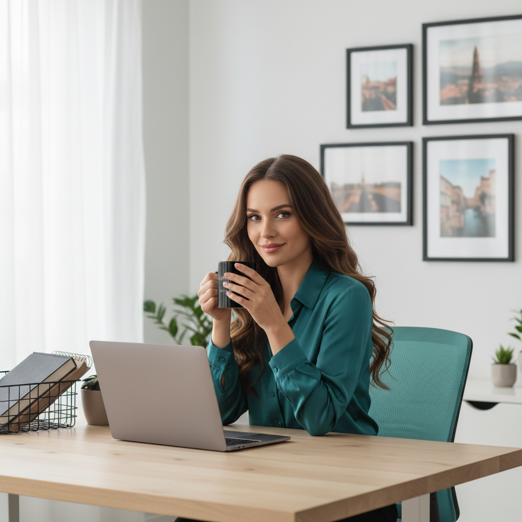 Woman at modern desk with black Adventure Freedom Travel ceramic mug