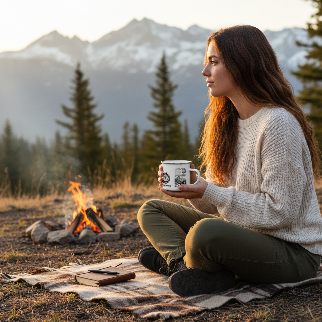 Woman at mountain campsite holding Travel Journal enamel mug