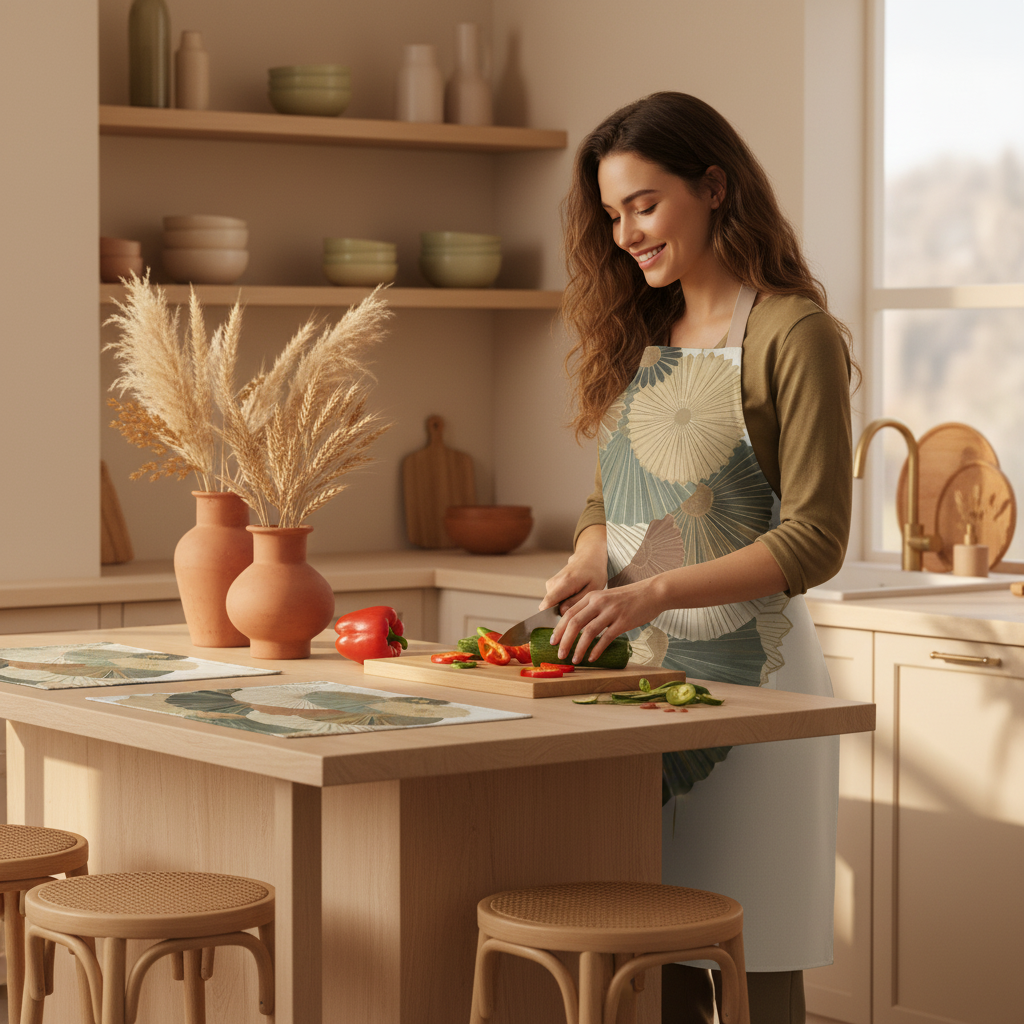 Woman cooking in beige bohemian kitchen