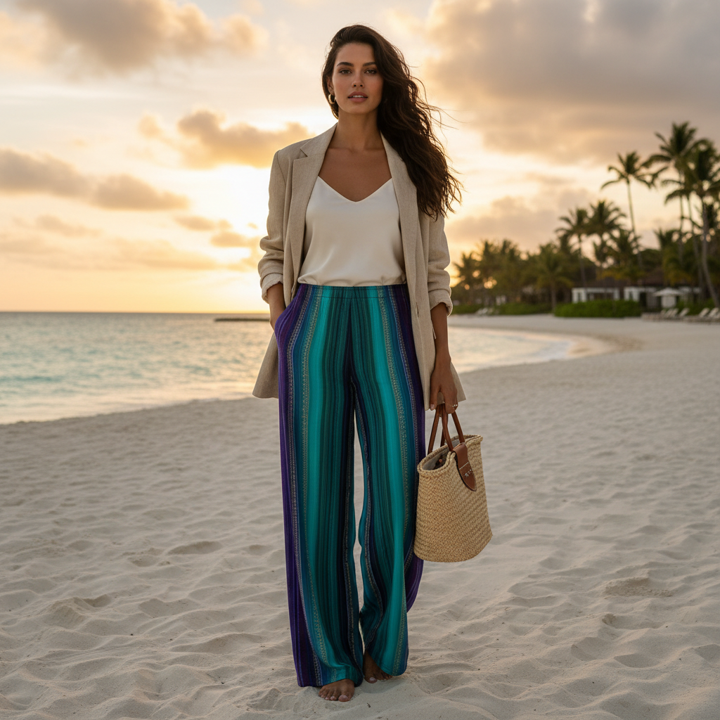 Woman crystal pants ivory silk top beige blazer beach sunset
