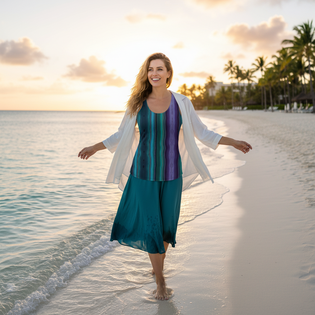 Woman crystal tank top teal skirt white linen jacket beach sunset