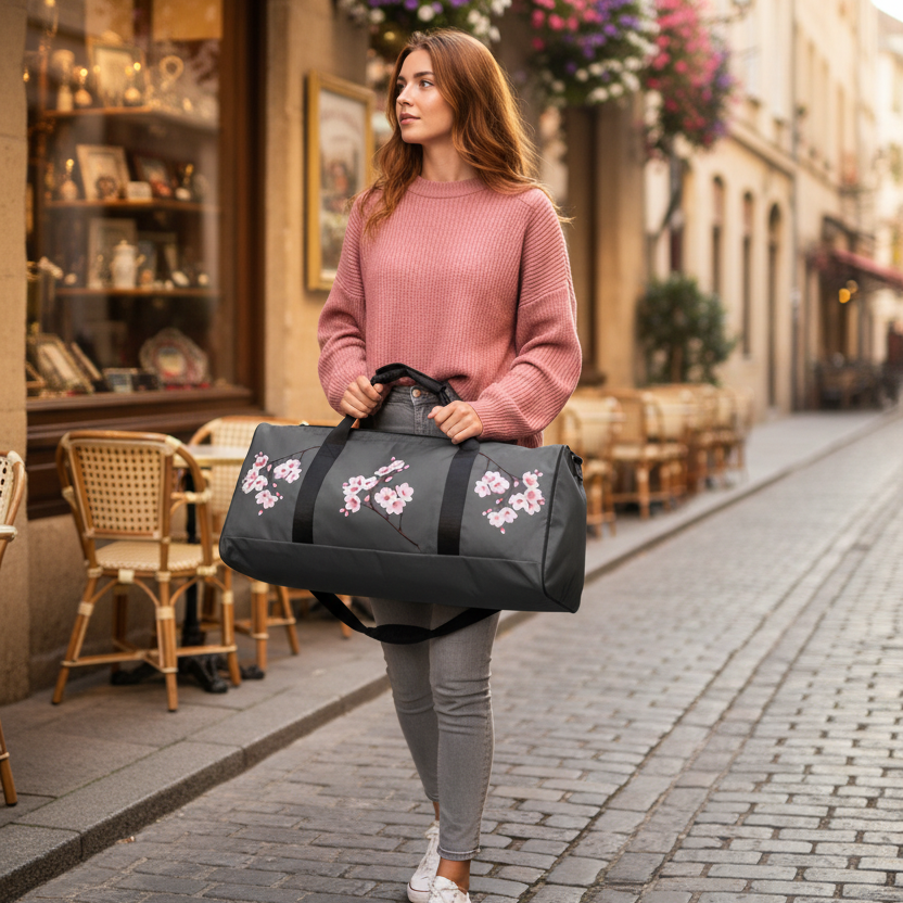 Woman Exploring City with Cherry Blossom Bag