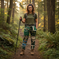 Woman hiking in camping track pants with front print visible