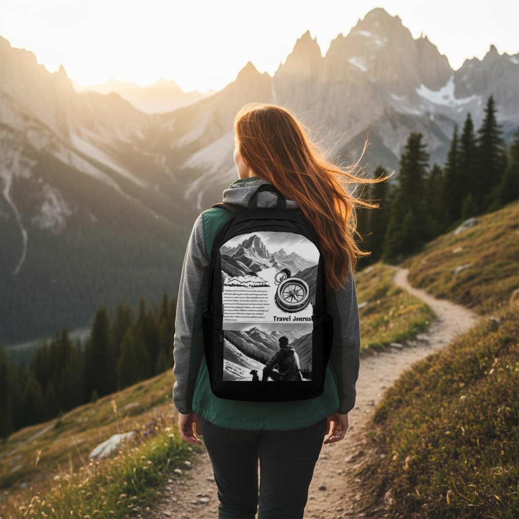 Woman hiking with Travel Journal backpack in alpine mountains